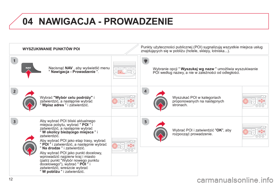 CITROEN C3 2013 Instrukcja obsługi (in Polish) 12
04
WYSZUKIWANIE PUNKTÓW POI
NAWIGACJA - PROWADZENIE
Punkty użyteczności publicznej (POI) sygnalizują wszystkie miejsca usług
znajdujących się w pobliżu (hotele, sklepy, lotniska...) CITROEN C3 2013 Instrukcja obsługi (in Polish) 12
04
WYSZUKIWANIE PUNKTÓW POI
NAWIGACJA - PROWADZENIE
Punkty użyteczności publicznej (POI) sygnalizują wszystkie miejsca usług
znajdujących się w pobliżu (hotele, sklepy, lotniska...)