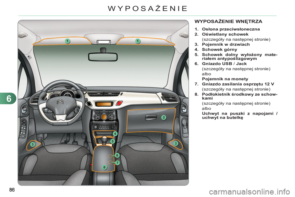 CITROEN C3 2013  Instrukcja obsługi (in Polish) 6
WYPOSAŻENIE
WYPOSAŻENIE WNĘTRZA 
 
 
 
1. 
  Osłona przeciwsłoneczna 
 
   
2. 
  Oświetlany schowek 
   
 (szczegóły na następnej stronie) 
   
3. 
  Pojemnik w drzwiach 
 
   
4. 
  Schow