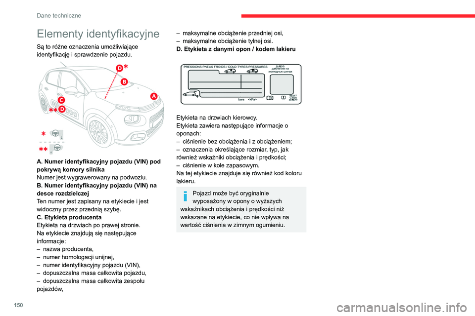 CITROEN C3 2020 Instrukcja obsługi (in Polish) 150
Dane techniczne
Elementy identyfikacyjne
Są to różne oznaczenia umożliwiające
identyfikację i sprawdzenie pojazdu.
A. Numer identyfikacyjny pojazdu (VIN) pod
pokrywą komory silnika
Nu CITROEN C3 2020 Instrukcja obsługi (in Polish) 150
Dane techniczne
Elementy identyfikacyjne
Są to różne oznaczenia umożliwiające
identyfikację i sprawdzenie pojazdu.
A. Numer identyfikacyjny pojazdu (VIN) pod
pokrywą komory silnika
Nu