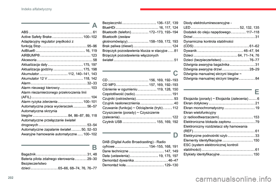 CITROEN C3 2020 Instrukcja obsługi (in Polish) 202
Indeks alfabetyczny
A
ABS 61
Active Safety Brake
100–102
Adaptacyjny regulator prędkości z
funkcją Stop
95–96
AdBlue®
16, 119
AIRBUMP®
123
Akcesoria
58
Aktu CITROEN C3 2020 Instrukcja obsługi (in Polish) 202
Indeks alfabetyczny
A
ABS 61
Active Safety Brake
100–102
Adaptacyjny regulator prędkości z
funkcją Stop
95–96
AdBlue®
16, 119
AIRBUMP®
123
Akcesoria
58
Aktu