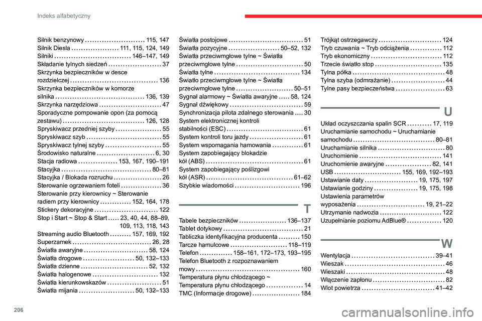 CITROEN C3 2020 Instrukcja obsługi (in Polish) 206
Indeks alfabetyczny
Silnik benzynowy 115, 147
Silnik Diesla
111, 115, 124, 149
Silniki
146–147, 149
Składanie tylnych siedzeń
37
Skrzynka bezpieczników w desce
rozdzielc CITROEN C3 2020 Instrukcja obsługi (in Polish) 206
Indeks alfabetyczny
Silnik benzynowy 115, 147
Silnik Diesla
111, 115, 124, 149
Silniki
146–147, 149
Składanie tylnych siedzeń
37
Skrzynka bezpieczników w desce
rozdzielc