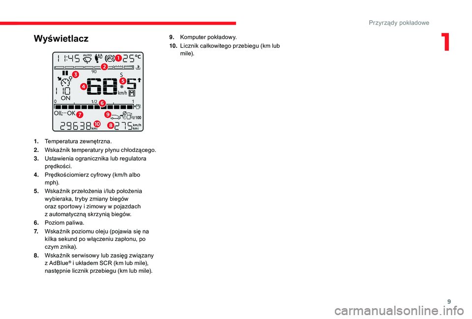 CITROEN C3 2019  Instrukcja obsługi (in Polish) 9
Wyświetlacz
1.Temperatura zewnętrzna.
2. Wskaźnik temperatury płynu chłodzącego.
3. Ustawienia ogranicznika lub regulatora 
prędkości.
4. Prędkościomierz cyfrowy (km/h albo 
m p h).
5. Wsk