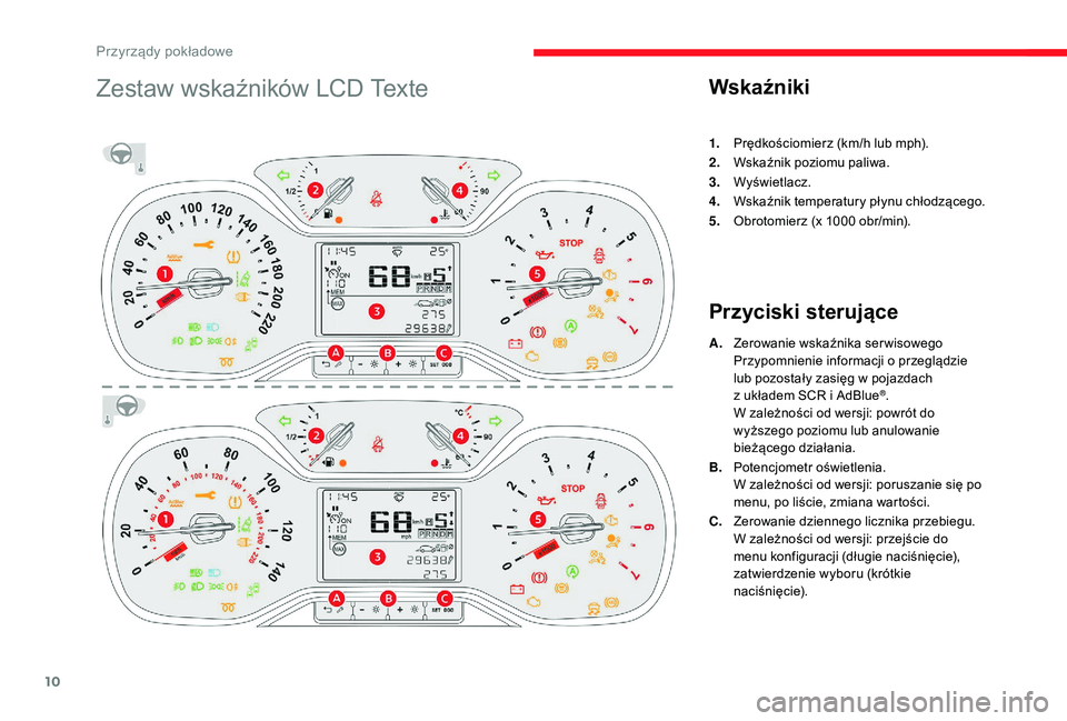 CITROEN C3 2019  Instrukcja obsługi (in Polish) 10
Zestaw wskaźników LCD TexteWskaźniki
1.Prędkościomierz (km/h lub mph).
2. Wskaźnik poziomu paliwa.
3. Wyświetlacz.
4. Wskaźnik temperatury płynu chłodzącego.
5. Obrotomierz (x 1000
  obr