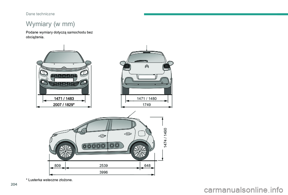 CITROEN C3 2019 Instrukcja obsługi (in Polish) 204
Wymiary (w mm)
Podane wymiary dotyczą samochodu bez
obciążenia.
* Lusterka wsteczne złożone.
D CITROEN C3 2019 Instrukcja obsługi (in Polish) 204
Wymiary (w mm)
Podane wymiary dotyczą samochodu bez
obciążenia.
* Lusterka wsteczne złożone.
D