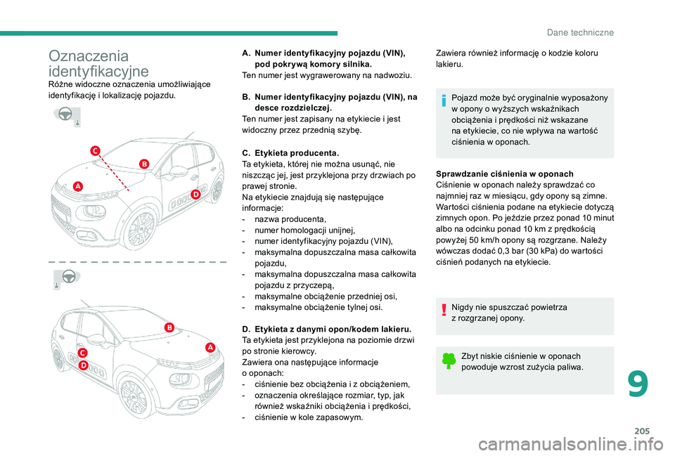CITROEN C3 2019 Instrukcja obsługi (in Polish) 205
Oznaczenia
identyfikacyjne
Różne widoczne oznaczenia umożliwiające
identyfikację i lokalizację pojazdu. A.
N
umer identyfikacyjny pojazdu (VIN),
pod pokr ywą komor y silnika.
Ten num CITROEN C3 2019 Instrukcja obsługi (in Polish) 205
Oznaczenia
identyfikacyjne
Różne widoczne oznaczenia umożliwiające
identyfikację i lokalizację pojazdu. A.
N
umer identyfikacyjny pojazdu (VIN),
pod pokr ywą komor y silnika.
Ten num