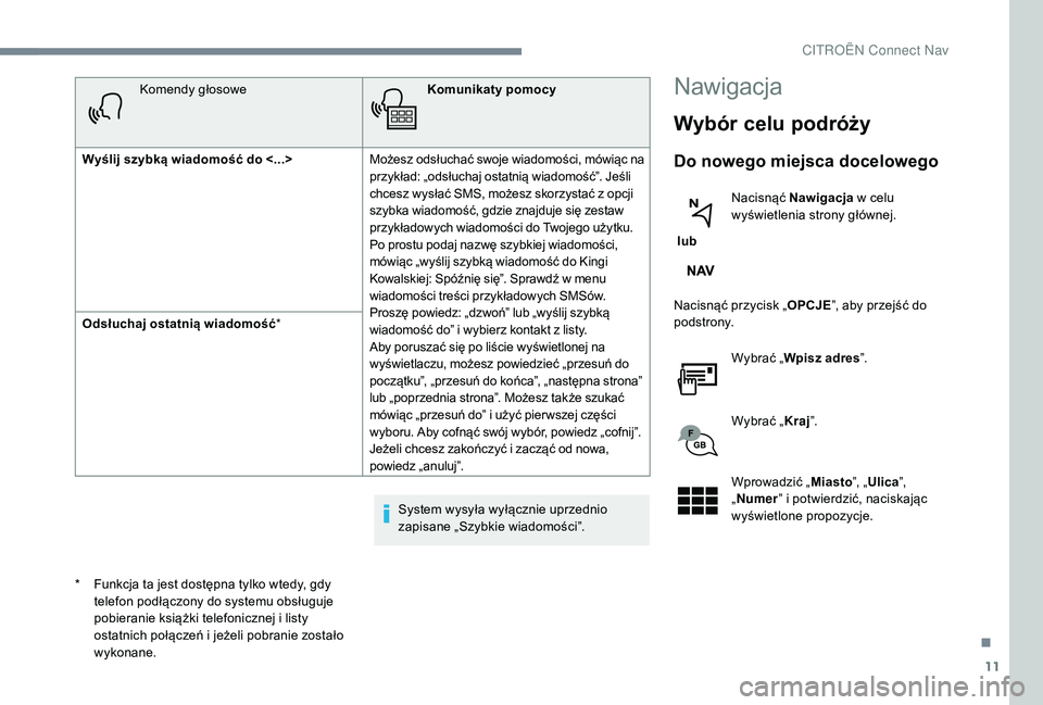 CITROEN C3 2019 Instrukcja obsługi (in Polish) 11
Komendy głosoweKomunikaty pomocy
Wyślij szybką wiadomość do <...> Możesz odsłuchać swoje wiadomości, mówiąc na
przykład: „odsłuchaj ostatnią wiadomość”. Jeśli
chcesz wysłać CITROEN C3 2019 Instrukcja obsługi (in Polish) 11
Komendy głosoweKomunikaty pomocy
Wyślij szybką wiadomość do <...> Możesz odsłuchać swoje wiadomości, mówiąc na
przykład: „odsłuchaj ostatnią wiadomość”. Jeśli
chcesz wysłać