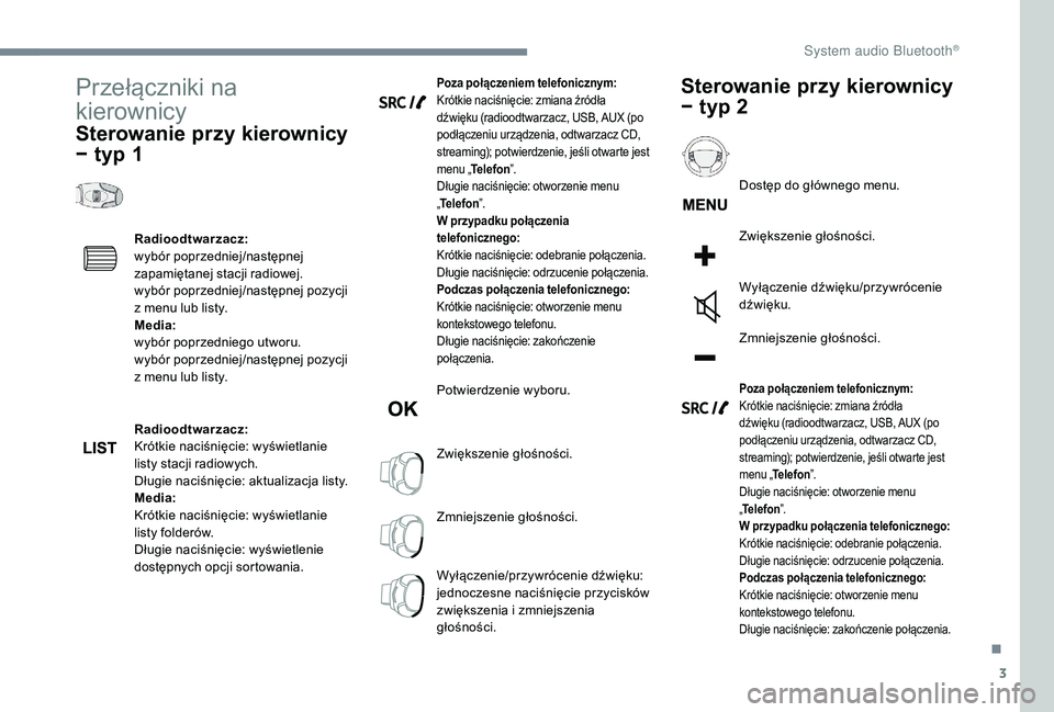 CITROEN C3 2019 Instrukcja obsługi (in Polish) 3
Przełączniki na
kierownicy
Sterowanie przy kierownicy
− typ 1
Radioodtwarzacz:
wybór poprzedniej/następnej
zapamiętanej stacji radiowej.
wybór poprzedniej/następnej pozycji
z menu lub CITROEN C3 2019 Instrukcja obsługi (in Polish) 3
Przełączniki na
kierownicy
Sterowanie przy kierownicy
− typ 1
Radioodtwarzacz:
wybór poprzedniej/następnej
zapamiętanej stacji radiowej.
wybór poprzedniej/następnej pozycji
z menu lub
