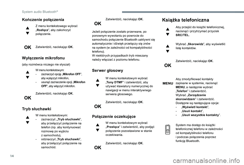 CITROEN C3 2019 Instrukcja obsługi (in Polish) 14
Kończenie połączenia
Z menu kontekstowego wybrać
„Rozłącz ”, aby zakończyć
połączenie.
Zatwierdzić, naciskając OK.
Wyłączenie mikrofonu
(aby rozmówca niczego nie słyszał)
W m CITROEN C3 2019 Instrukcja obsługi (in Polish) 14
Kończenie połączenia
Z menu kontekstowego wybrać
„Rozłącz ”, aby zakończyć
połączenie.
Zatwierdzić, naciskając OK.
Wyłączenie mikrofonu
(aby rozmówca niczego nie słyszał)
W m