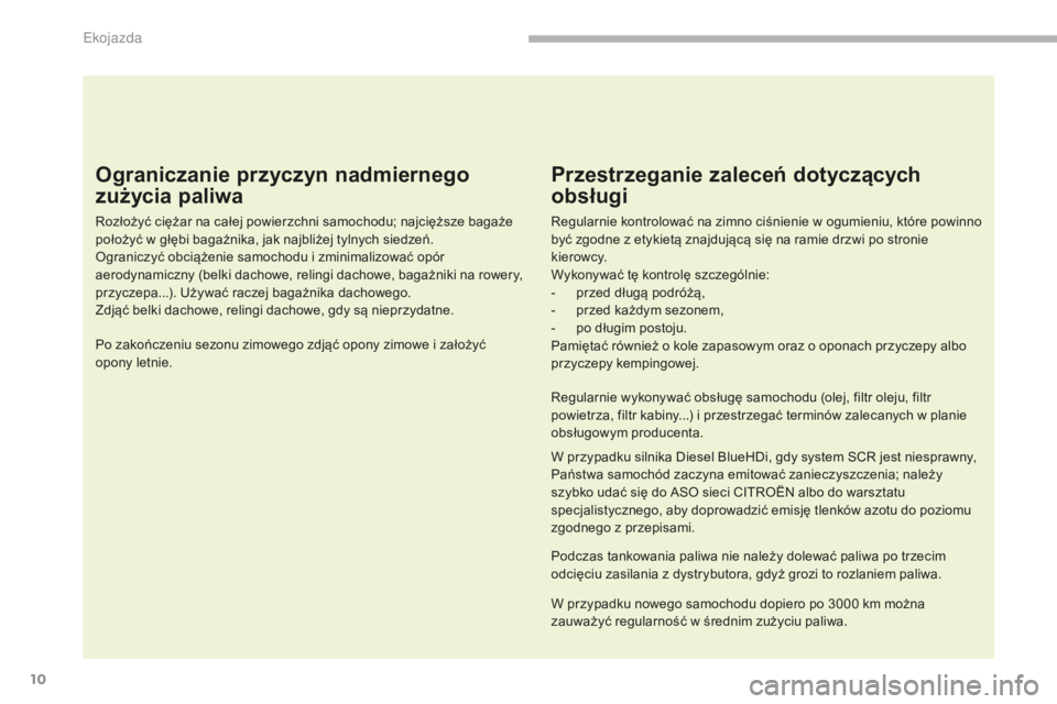 CITROEN C3 2017  Instrukcja obsługi (in Polish) 10
B618_pl_Chap00c_eco-conduite_ed01-2016
Ograniczanie przyczyn nadmiernego 
zużycia paliwa
Rozłożyć ciężar na całej powierzchni samochodu; najcięższe bagaże 
położyć w  głębi bagażnik