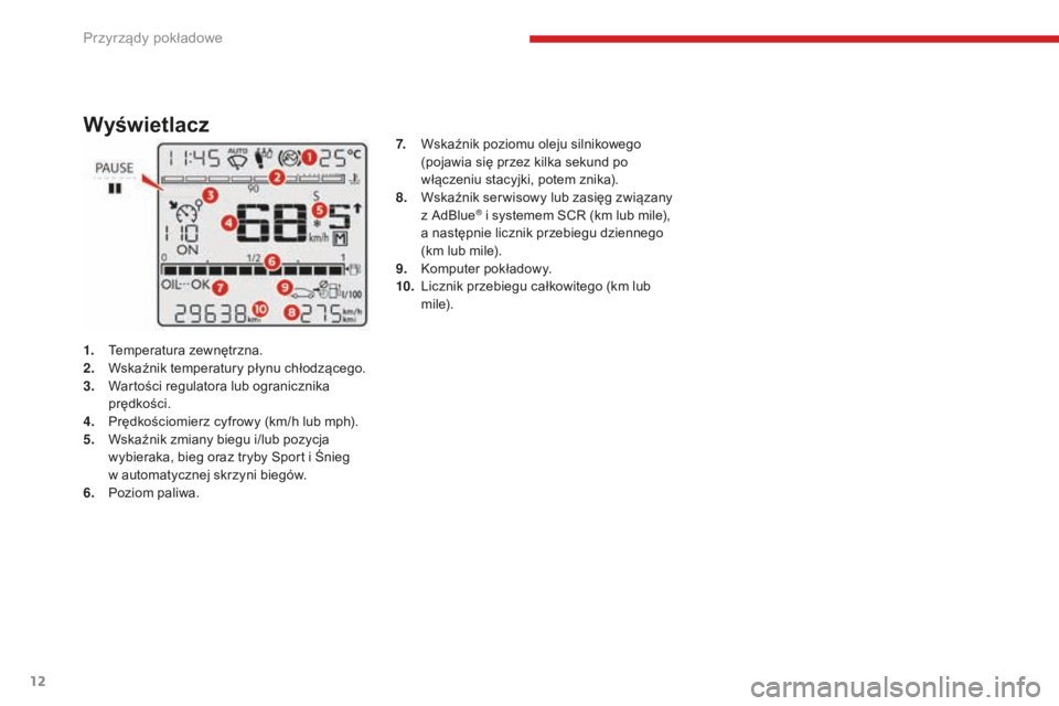 CITROEN C3 2017  Instrukcja obsługi (in Polish) 12
1. Temperatura zewnętrzna.
2. Wskaźnik temperatury płynu chłodzącego.
3.
 W

artości regulatora lub ogranicznika 
prędkości.
4.
 P

rędkościomierz cyfrowy (km/h lub mph).
5.
 W

skaźnik 