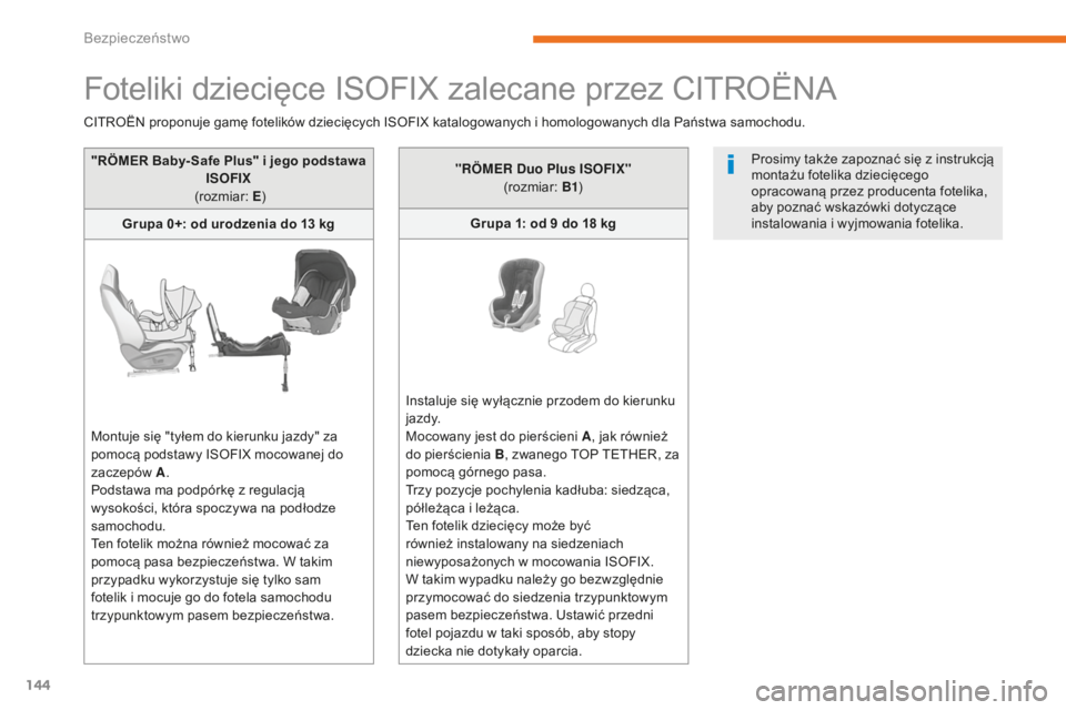 CITROEN C3 2017  Instrukcja obsługi (in Polish) 144
B618_pl_Chap05_securite_ed01-2016
Foteliki dziecięce ISOFIX zalecane przez CITROËNA
"RÖMER Baby- Safe Plus" i jego podstawa 
ISOFIX
 (rozmiar: E )
Grupa 0+: od urodzenia do 13
  kg
Mont