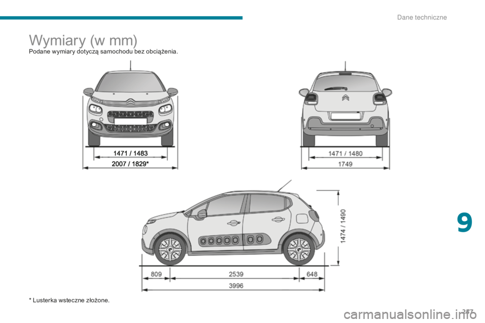CITROEN C3 2017 Instrukcja obsługi (in Polish) 257
B618_pl_Chap09_caracteristiques-techniques_ed01-2016
Wymiary (w mm)Podane wymiary dotyczą samochodu bez obciążenia.
* Lusterka wsteczne złożone.
9
D CITROEN C3 2017 Instrukcja obsługi (in Polish) 257
B618_pl_Chap09_caracteristiques-techniques_ed01-2016
Wymiary (w mm)Podane wymiary dotyczą samochodu bez obciążenia.
* Lusterka wsteczne złożone.
9
D