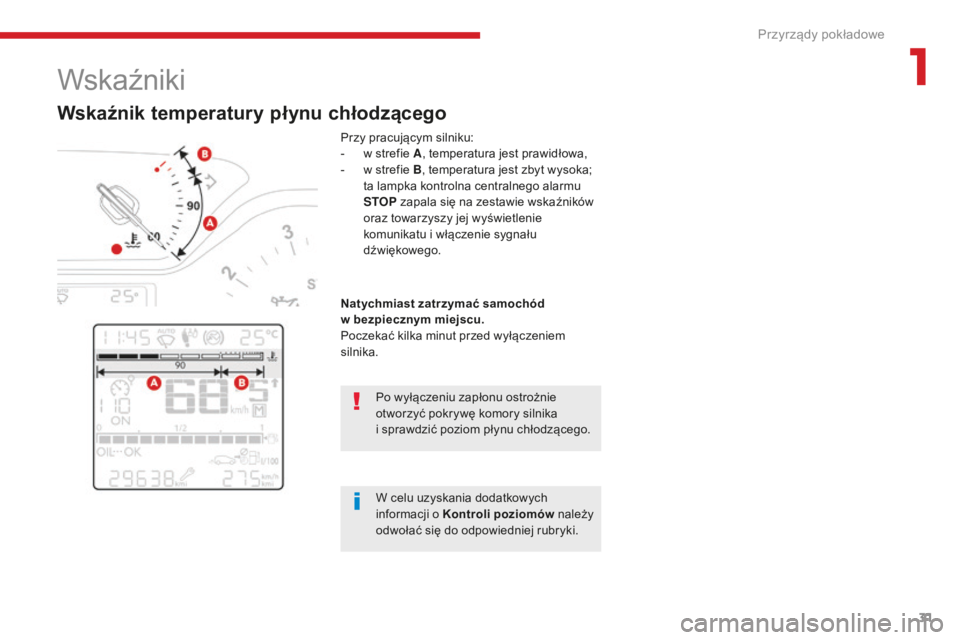 CITROEN C3 2017  Instrukcja obsługi (in Polish) 31
B618_pl_Chap01_Instruments-de-bord_ed01-2016
Wskaźniki
Przy pracującym silniku:
- w s trefie A, temperatura jest prawidłowa,
-
 
w s
 trefie B, temperatura jest zbyt wysoka; 
ta lampka kontrolna