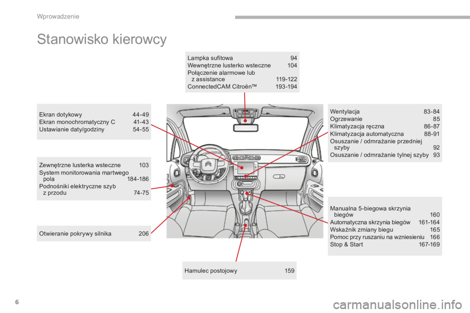 CITROEN C3 2017  Instrukcja obsługi (in Polish) 6
B618_pl_Chap00b_vue-ensemble_ _ed01-2016
Stanowisko kierowcy
Zewnętrzne lusterka wsteczne 103
System monitorowania martwego  pola
 18

4 -18 6
Podnośniki elektryczne szyb  z
  przodu  
7
 4-75
Otw