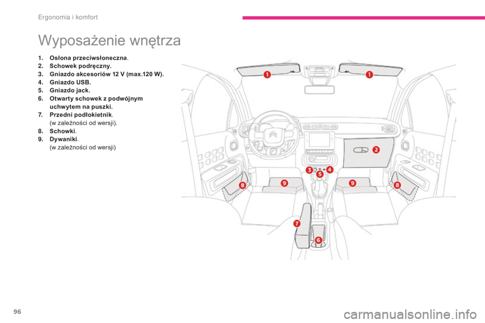 CITROEN C3 2017 Instrukcja obsługi (in Polish) 96
B618_pl_Chap03_Ergonomie-et-confort_ed01-2016
Wyposażenie wnętrza
1. Osłona przeciwsłoneczna.
2. S chowek podręczny.
3.
G
niazdo akcesoriów 12 V (max.120 W).
4.
G
niazdo USB.
5.
G
n CITROEN C3 2017 Instrukcja obsługi (in Polish) 96
B618_pl_Chap03_Ergonomie-et-confort_ed01-2016
Wyposażenie wnętrza
1. Osłona przeciwsłoneczna.
2. S chowek podręczny.
3.
G
niazdo akcesoriów 12 V (max.120 W).
4.
G
niazdo USB.
5.
G
n