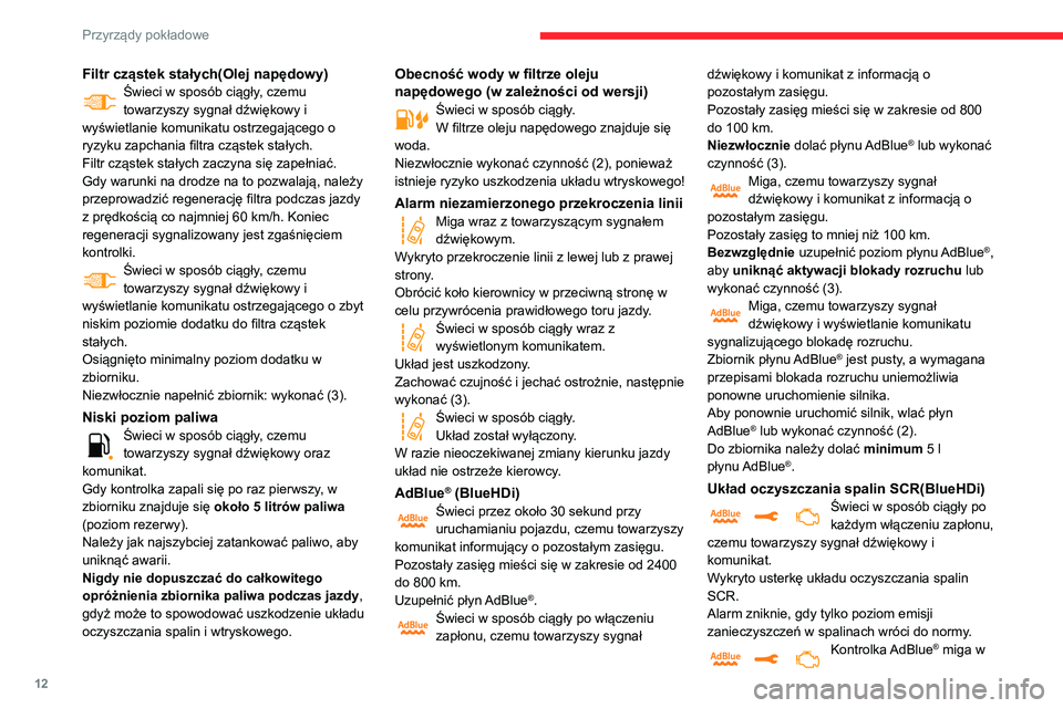 CITROEN C3 AIRCROSS 2021  Instrukcja obsługi (in Polish) 12
Przyrządy pokładowe
Filtr cząstek stałych(Olej napędowy)Świeci w sposób ciągły, czemu towarzyszy sygnał dźwiękowy i 
wyświetlanie komunikatu ostrzegającego o 
ryzyku zapchania filtra 