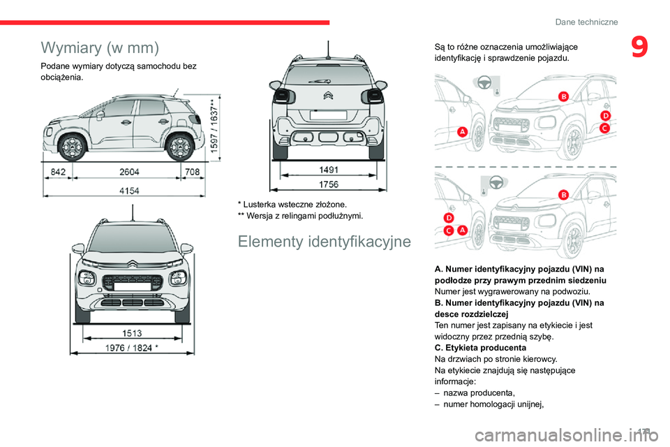 CITROEN C3 AIRCROSS 2021  Instrukcja obsługi (in Polish) 171
Dane techniczne
9Wymiary (w mm)
Podane wymiary dotyczą samochodu bez 
obciążenia.
 
 
* Lusterka wsteczne złożone.
** Wersja z relingami podłużnymi.
Elementy identyfikacyjne
Są to różne 