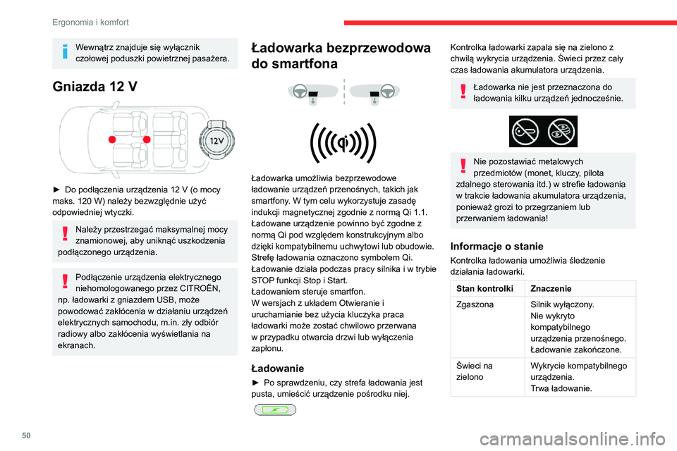 CITROEN C3 AIRCROSS 2021 Instrukcja obsługi (in Polish) 50
Ergonomia i komfort
Stan kontrolkiZnaczenie
Miga na
pomarańczowo Wykrycie obcego ciała w
strefie ładowania.
Urządzenie źle
wycentrowane w strefie
ładowania.
Świeci na
pomarańczowo Niep CITROEN C3 AIRCROSS 2021 Instrukcja obsługi (in Polish) 50
Ergonomia i komfort
Stan kontrolkiZnaczenie
Miga na
pomarańczowo Wykrycie obcego ciała w
strefie ładowania.
Urządzenie źle
wycentrowane w strefie
ładowania.
Świeci na
pomarańczowo Niep