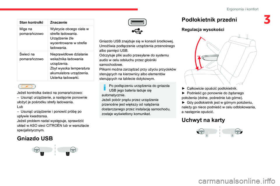 CITROEN C3 AIRCROSS 2021 Instrukcja obsługi (in Polish) 51
Ergonomia i komfort
3Stan kontrolkiZnaczenie
Miga na
pomarańczowo Wykrycie obcego ciała w
strefie ładowania.
Urządzenie źle
wycentrowane w strefie
ładowania.
Świeci na
pomarańczowo Nie CITROEN C3 AIRCROSS 2021 Instrukcja obsługi (in Polish) 51
Ergonomia i komfort
3Stan kontrolkiZnaczenie
Miga na
pomarańczowo Wykrycie obcego ciała w
strefie ładowania.
Urządzenie źle
wycentrowane w strefie
ładowania.
Świeci na
pomarańczowo Nie