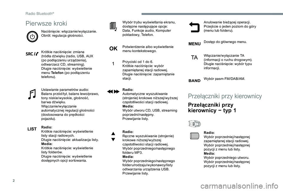 CITROEN C3 AIRCROSS 2019 Instrukcja obsługi (in Polish) 2
Pierwsze kroki
Naciśnięcie: włączanie/wyłączanie.
Obrót: regulacja głośności.
Krótkie naciśnięcie: zmiana
źródła dźwięku (radio, USB, AUX
(po podłączeniu urządzenia),
odtwarz CITROEN C3 AIRCROSS 2019 Instrukcja obsługi (in Polish) 2
Pierwsze kroki
Naciśnięcie: włączanie/wyłączanie.
Obrót: regulacja głośności.
Krótkie naciśnięcie: zmiana
źródła dźwięku (radio, USB, AUX
(po podłączeniu urządzenia),
odtwarz