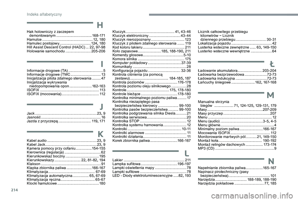CITROEN C3 AIRCROSS 2019 Instrukcja obsługi (in Polish) 214
HHak holowniczy z zaczepem
d emontowanym ................................... 1
6 8 -171
Hamulce
...............
................................... 12, 18 0
Hamulec postojowy
................. CITROEN C3 AIRCROSS 2019 Instrukcja obsługi (in Polish) 214
HHak holowniczy z zaczepem
d emontowanym ................................... 1
6 8 -171
Hamulce
...............
................................... 12, 18 0
Hamulec postojowy
.................