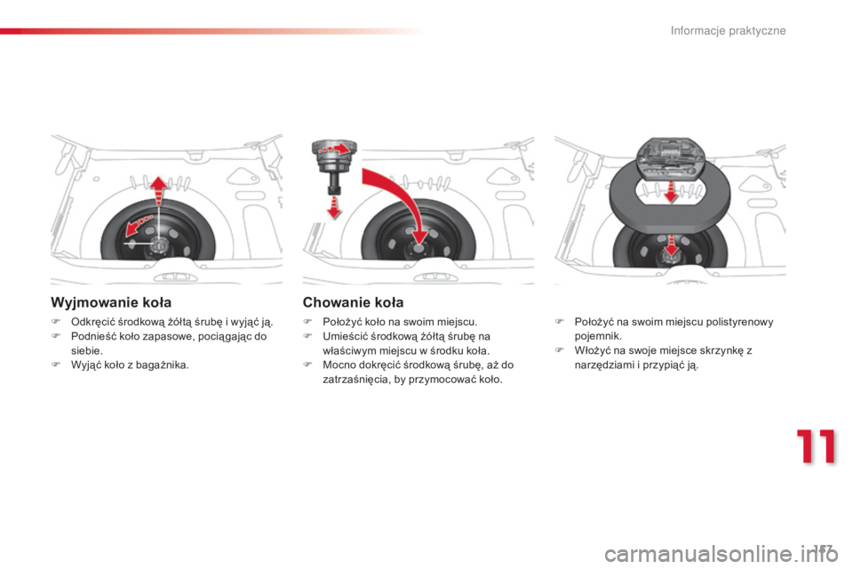 CITROEN C3 PICASSO 2015 Instrukcja obsługi (in Polish) 157
c3Picasso_pl_c hap11_informations-pratiques_ed01-2014
Wyjmowanie koła
F odkręcić środkową żółtą śrubę i wyjąć ją.
F
P odnieść koło zapasowe, pocią gając do
siebie.
F
W
yjÄ CITROEN C3 PICASSO 2015 Instrukcja obsÅ‚ugi (in Polish) 157
c3Picasso_pl_c hap11_informations-pratiques_ed01-2014
Wyjmowanie koła
F odkręcić środkową żółtą śrubę i wyjąć ją.
F
P odnieść koło zapasowe, pocią gając do
siebie.
F
W
yjÄ