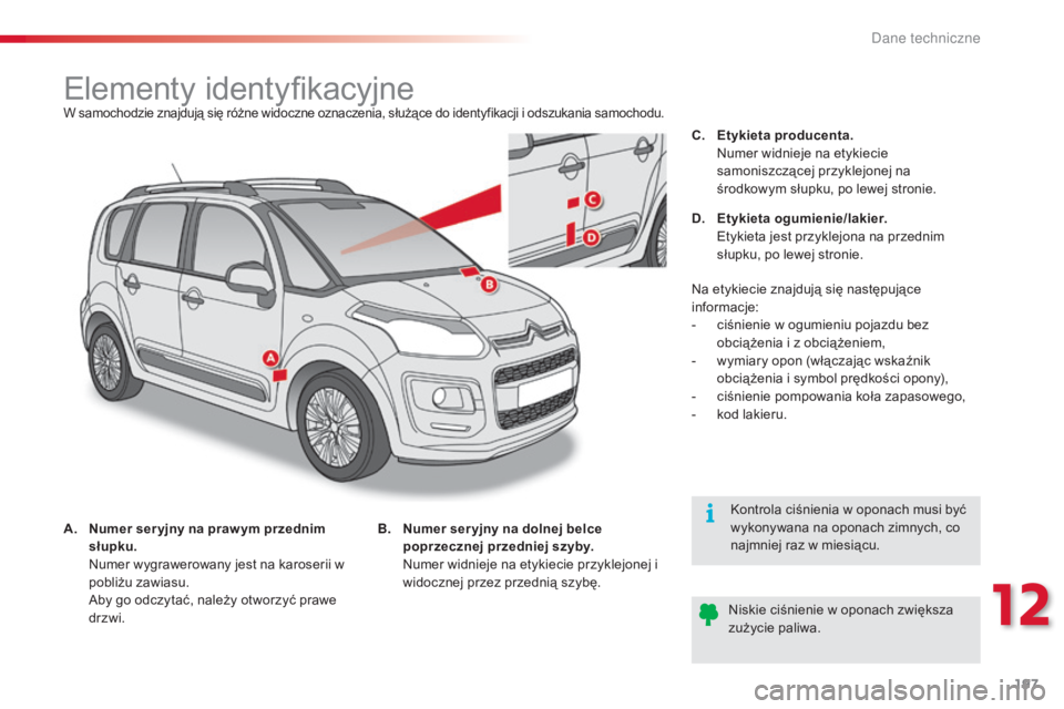 CITROEN C3 PICASSO 2015  Instrukcja obsługi (in Polish) 197
c3Picasso_pl_c hap12_caracteristiques-techniques_ed01-2014
Elementy identyfikacyjneW samochodzie znajdują się różne widoczne oznaczenia, służące do identyfikacji i odszukania samochodu.
A. 