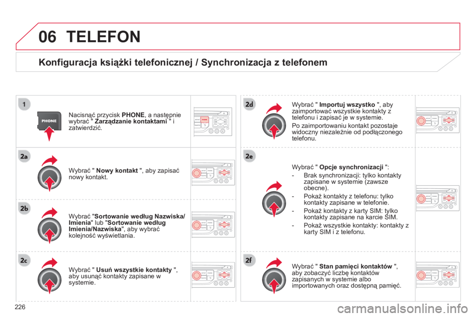 CITROEN C3 PICASSO 2015 Instrukcja obsługi (in Polish) 06
226
c3Picasso_pl_chap13b_rt6-2-8_ed01-2014
TELEFON
Konfiguracja książki telefonicznej / Synchronizacja z telefonem
nacisnąć przycisk PHONE , a następnie
wybrać " Zarządzanie kontaktami CITROEN C3 PICASSO 2015 Instrukcja obsługi (in Polish) 06
226
c3Picasso_pl_chap13b_rt6-2-8_ed01-2014
TELEFON
Konfiguracja książki telefonicznej / Synchronizacja z telefonem
nacisnąć przycisk PHONE , a następnie
wybrać " Zarządzanie kontaktami