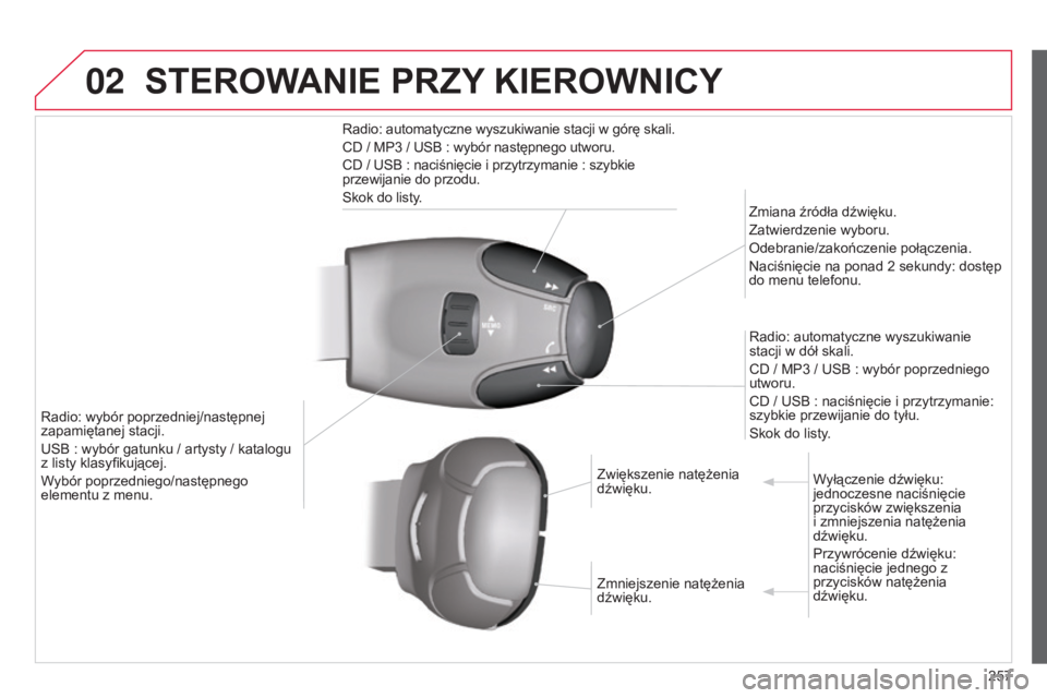 CITROEN C3 PICASSO 2015 Instrukcja obsługi (in Polish) 02
257
c3Picasso_pl_chap13c_rD45_ed01_2014
STEROWANIE PRZY KIEROWNICY
radio: automatyczne wyszukiwanie stacji w górę skali.
c
D / MP3 / usb : wybór następnego utworu.
c
D / usb : naciśni CITROEN C3 PICASSO 2015 Instrukcja obsługi (in Polish) 02
257
c3Picasso_pl_chap13c_rD45_ed01_2014
STEROWANIE PRZY KIEROWNICY
radio: automatyczne wyszukiwanie stacji w górę skali.
c
D / MP3 / usb : wybór następnego utworu.
c
D / usb : naciśni