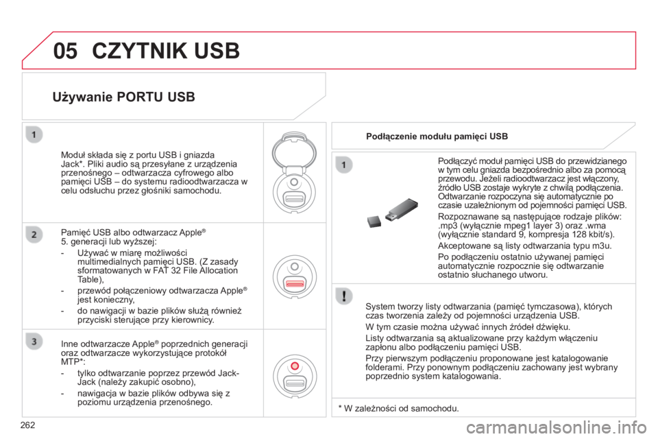 CITROEN C3 PICASSO 2015 Instrukcja obsługi (in Polish) 05
262
c3Picasso_pl_chap13c_rD45_ed01_2014
CZYTNIK USB
system tworzy listy odtwarzania (pamięć tymczasowa), których
czas tworzenia zależy od pojemności urządzenia usb .
W tym czasie można uż CITROEN C3 PICASSO 2015 Instrukcja obsługi (in Polish) 05
262
c3Picasso_pl_chap13c_rD45_ed01_2014
CZYTNIK USB
system tworzy listy odtwarzania (pamięć tymczasowa), których
czas tworzenia zależy od pojemności urządzenia usb .
W tym czasie można uż