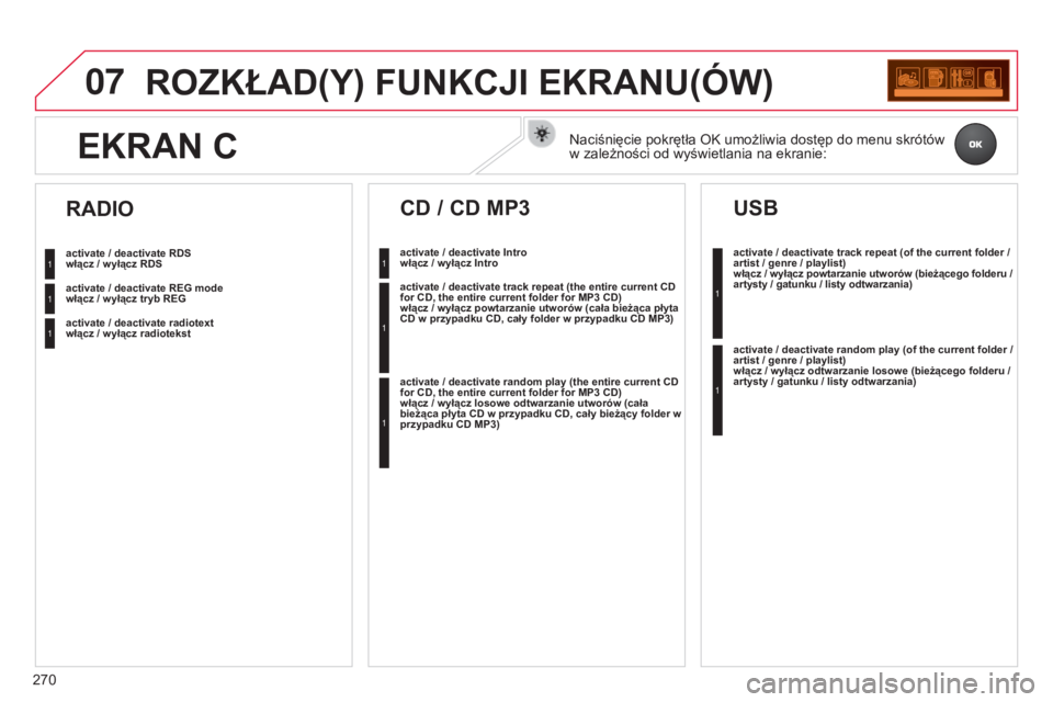 CITROEN C3 PICASSO 2015 Instrukcja obsługi (in Polish) 07
270
c3Picasso_pl_chap13c_rD45_ed01_2014
ROZKŁAD(Y) FUNKCJI EKRANU(ÓW)
włącz / wyłącz RDS
włącz / wyłącz tryb REG
włącz / wyłącz radiotekst
RADIO
włącz / wyłącz Intro
CD / CITROEN C3 PICASSO 2015 Instrukcja obsługi (in Polish) 07
270
c3Picasso_pl_chap13c_rD45_ed01_2014
ROZKŁAD(Y) FUNKCJI EKRANU(ÓW)
włącz / wyłącz RDS
włącz / wyłącz tryb REG
włącz / wyłącz radiotekst
RADIO
włącz / wyłącz Intro
CD /
