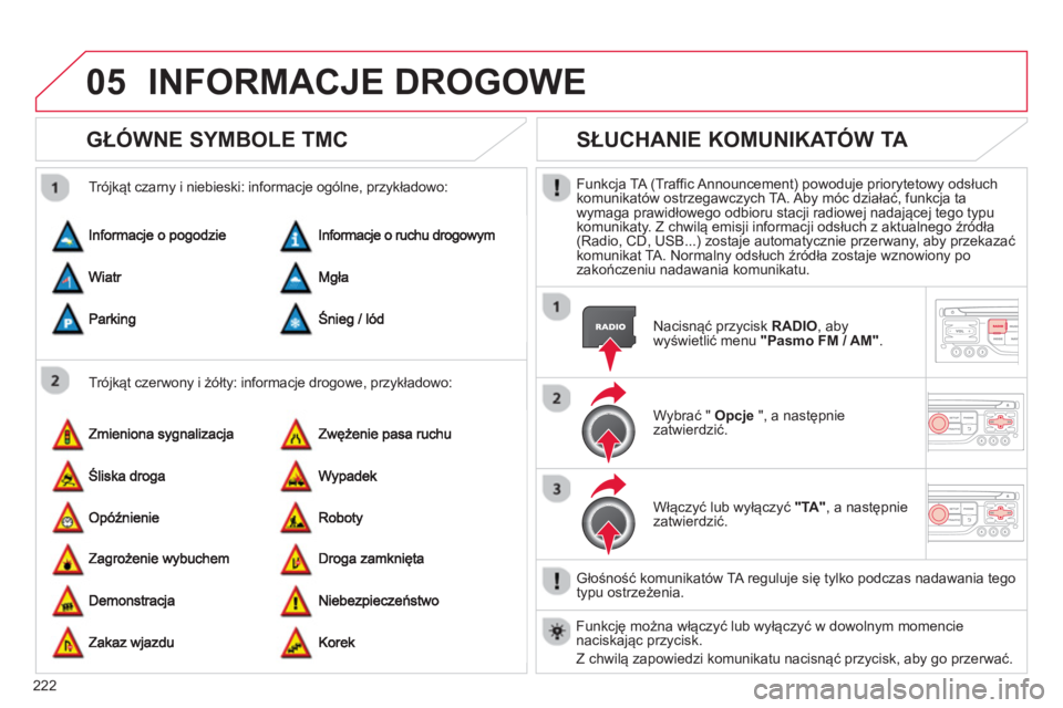 CITROEN C3 PICASSO 2014 Instrukcja obsługi (in Polish) 222
05INFORMACJE DROGOWE
GŁÓWNE SYMBOLE TMC
Trójkąt czerwony i żółty: informacje drogowe, przykładowo:
Tró
jkąt czarny i niebieski: informacje ogólne, przykładowo:
SŁUCHANIE KO CITROEN C3 PICASSO 2014 Instrukcja obsługi (in Polish) 222
05INFORMACJE DROGOWE
GŁÓWNE SYMBOLE TMC
Trójkąt czerwony i żółty: informacje drogowe, przykładowo:
Tró
jkąt czarny i niebieski: informacje ogólne, przykładowo:
SŁUCHANIE KO