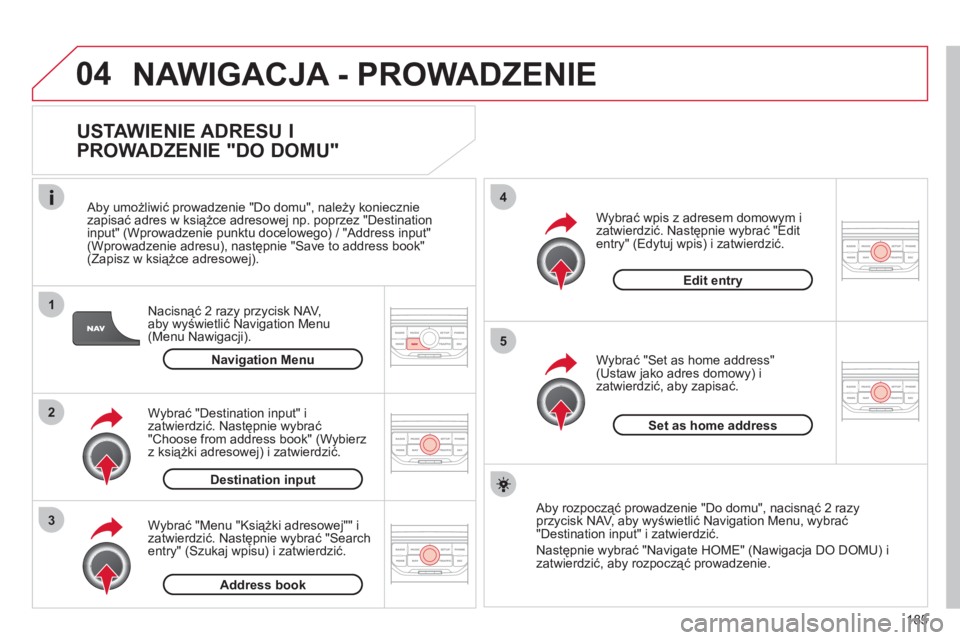 CITROEN C3 PICASSO 2012 Instrukcja obsługi (in Polish) 185
04
1
2
3
5
4
NAWIGACJA - PROWADZENIE
USTAWIENIE ADRESU I
PROWADZENIE "DO DOMU"
Nacisnąć 2 razy przycisk NAV,aby wyświetlić Navigation Menu(Menu Nawigacji).
Aby umożliwić prowadze CITROEN C3 PICASSO 2012 Instrukcja obsługi (in Polish) 185
04
1
2
3
5
4
NAWIGACJA - PROWADZENIE
USTAWIENIE ADRESU I
PROWADZENIE "DO DOMU"
Nacisnąć 2 razy przycisk NAV,aby wyświetlić Navigation Menu(Menu Nawigacji).
Aby umożliwić prowadze