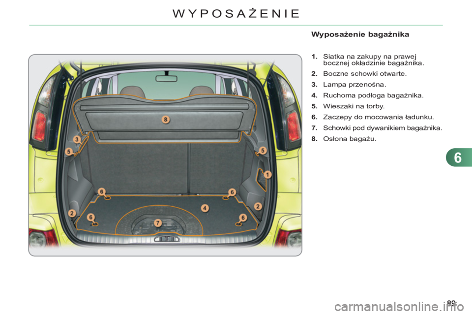 CITROEN C3 PICASSO 2012 Instrukcja obsługi (in Polish) 6
WYPOSAŻENIE
Wyposażenie bagażnika
1.
Siatka
na
zakupy na prawej
bocznej okładzinie bagażnika.
2.
Boczne schowki otwarte.
3.
Lampa przenośna.
4.
Ruchoma po CITROEN C3 PICASSO 2012 Instrukcja obsługi (in Polish) 6
WYPOSAŻENIE
Wyposażenie bagażnika
1.
Siatka
na
zakupy na prawej
bocznej okładzinie bagażnika.
2.
Boczne schowki otwarte.
3.
Lampa przenośna.
4.
Ruchoma po