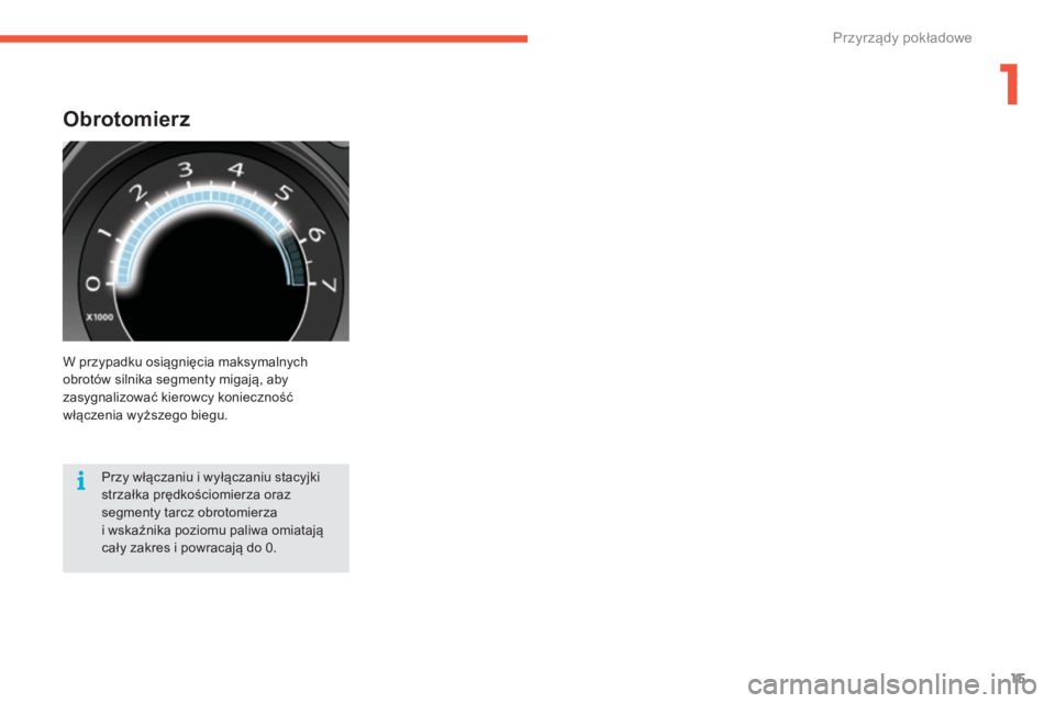 CITROEN C4 2017  Instrukcja obsługi (in Polish) 15
C4-2_pl_Chap01_instruments-de-bord_ed02-2015
Obrotomierz
W przypadku osiągnięcia maksymalnych 
obrotów silnika segmenty migają, aby 
zasygnalizować kierowcy konieczność 
włączenia wyższeg