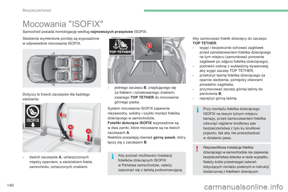 CITROEN C4 2017  Instrukcja obsługi (in Polish) 160
C4-2_pl_Chap05_securite_ed02-2015
Mocowania "ISOFIX"
Dotyczy to trzech zaczepów dla każdego 
siedzenia:
- 
d
 wóch zaczepów A , umieszczonych 
między oparciem, a siedziskiem fotela 
s