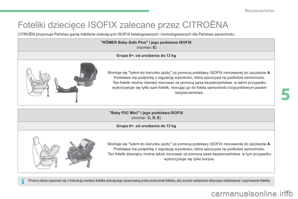 CITROEN C4 2017  Instrukcja obsługi (in Polish) 161
C4-2_pl_Chap05_securite_ed02-2015
Foteliki dziecięce ISOFIX zalecane przez CITROËNA
CITROËN proponuje Państwu gamę fotelików dziecięcych ISOFIX katalogowanych i homologowanych dla Państwa 