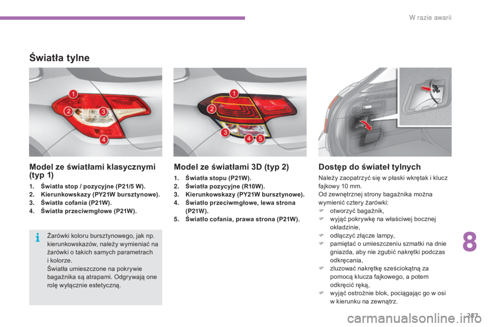 CITROEN C4 2017 Instrukcja obsługi (in Polish) 257
C4-2_pl_Chap08_en-cas-de-panne_ed02-2015
Model ze światłami 3D (typ 2)
1. Światła stopu (P21W).
2. Światła pozycyjne (R10W).
3.
K
ierunkowskazy (PY21W bursztynowe) .
4.
Åš
wiatło przeci CITROEN C4 2017 Instrukcja obsługi (in Polish) 257
C4-2_pl_Chap08_en-cas-de-panne_ed02-2015
Model ze światłami 3D (typ 2)
1. Światła stopu (P21W).
2. Światła pozycyjne (R10W).
3.
K
ierunkowskazy (PY21W bursztynowe) .
4.
Åš
wiatło przeci