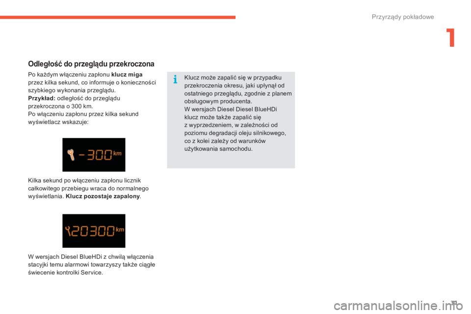 CITROEN C4 2017  Instrukcja obsługi (in Polish) 31
C4-2_pl_Chap01_instruments-de-bord_ed02-2015
Odległość do przeglądu przekroczona
Po każdym włączeniu zapłonu klucz miga 
przez kilka sekund, co informuje o k onieczności 
szybkiego wykonan