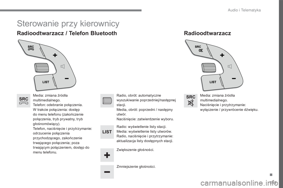 CITROEN C4 2017 Instrukcja obsługi (in Polish) 355
C4-2_pl_Chap10c_RD5_ed02-2015
Sterowanie przy kierownicy
Radioodtwarzacz
Radioodtwarzacz / Telefon Bluetooth
Media: zmiana źródła
multimedialnego.
Telefon: odebranie połączenia.
W trakcie po CITROEN C4 2017 Instrukcja obsługi (in Polish) 355
C4-2_pl_Chap10c_RD5_ed02-2015
Sterowanie przy kierownicy
Radioodtwarzacz
Radioodtwarzacz / Telefon Bluetooth
Media: zmiana źródła
multimedialnego.
Telefon: odebranie połączenia.
W trakcie po