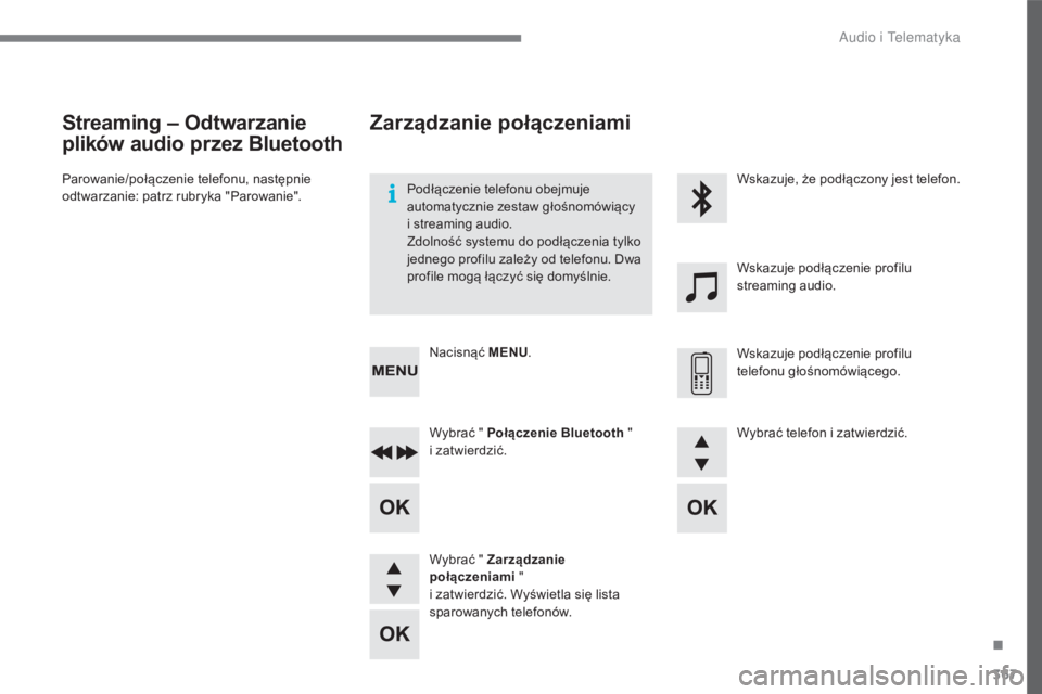 CITROEN C4 2017 Instrukcja obsługi (in Polish) 367
C4-2_pl_Chap10c_RD5_ed02-2015
Streaming – Odtwarzanie
plików audio przez Bluetooth
Parowanie/połączenie telefonu, następnie
odtwarzanie: patrz rubryka "Parowanie".Podłączenie tel CITROEN C4 2017 Instrukcja obsługi (in Polish) 367
C4-2_pl_Chap10c_RD5_ed02-2015
Streaming – Odtwarzanie
plików audio przez Bluetooth
Parowanie/połączenie telefonu, następnie
odtwarzanie: patrz rubryka "Parowanie".Podłączenie tel