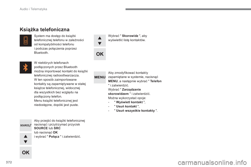 CITROEN C4 2017 Instrukcja obsługi (in Polish) 372
C4-2_pl_Chap10c_RD5_ed02-2015
Aby zmodyfikować kontakty
zapamiętane w systemie, nacisnąć
MENU , a następnie wybrać " Telefon
" i
zatwierdzić.
Wybrać " Zarządzanie
skor CITROEN C4 2017 Instrukcja obsługi (in Polish) 372
C4-2_pl_Chap10c_RD5_ed02-2015
Aby zmodyfikować kontakty
zapamiętane w systemie, nacisnąć
MENU , a następnie wybrać " Telefon
" i
zatwierdzić.
Wybrać " Zarządzanie
skor