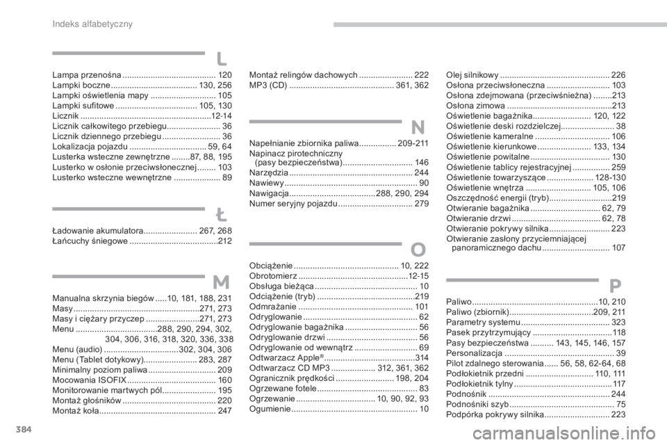 CITROEN C4 2017 Instrukcja obsługi (in Polish) 384
C4-2_pl_Chap11_index-alpha_ed02-2015
Lampa przenośna ........................................12 0
Lampki boczne ............................... ...... 130, 256
Lampki oświetlenia mapy
....... CITROEN C4 2017 Instrukcja obsługi (in Polish) 384
C4-2_pl_Chap11_index-alpha_ed02-2015
Lampa przenośna ........................................12 0
Lampki boczne ............................... ...... 130, 256
Lampki oświetlenia mapy
.......