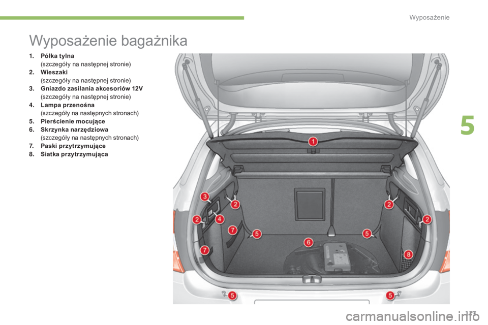 CITROEN C4 2015 Instrukcja obsługi (in Polish) 113
c4-2_pl_chap05_amenagement_ed01-2015
c4-2_pl_chap05_amenagement_ed01-2015
Wyposażenie bagażnika
1. Półka tylna (szczegóły na następnej stronie)
2.
W
ieszaki
(
szczegóły na następnej CITROEN C4 2015 Instrukcja obsługi (in Polish) 113
c4-2_pl_chap05_amenagement_ed01-2015
c4-2_pl_chap05_amenagement_ed01-2015
Wyposażenie bagażnika
1. Półka tylna (szczegóły na następnej stronie)
2.
W
ieszaki
(
szczegóły na następnej