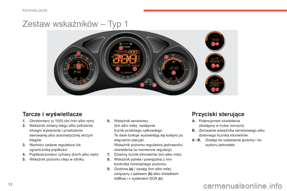 CITROEN C4 2015 Instrukcja obsługi (in Polish) 12
c4-2_pl_ chap01_controle-de-marche_ed01-2015
c 4-2_pl_ chap01_controle-de-marche_ed01-2015
Zestaw wskaźników – ty p 1
Tarcze i wyświetlacze
1. obrotomierz (x 1000 obr./min albo rpm).
2. W sk CITROEN C4 2015 Instrukcja obsługi (in Polish) 12
c4-2_pl_ chap01_controle-de-marche_ed01-2015
c 4-2_pl_ chap01_controle-de-marche_ed01-2015
Zestaw wskaźników – ty p 1
Tarcze i wyświetlacze
1. obrotomierz (x 1000 obr./min albo rpm).
2. W sk
