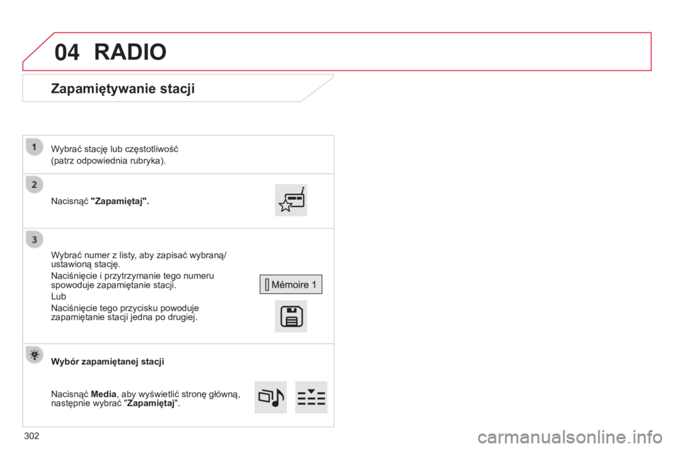 CITROEN C4 2015  Instrukcja obsługi (in Polish) 04
c4-2_pl_chap13b_sMEgplus_ed01-2015
c4-2_pl_chap13b_sMEgplus_ed01-2015
Zapamiętywanie stacji
nacisnąć "Zapamiętaj".
W ybrać stację lub częstotliwość
(patrz odpowiednia rubryka).
Wyb