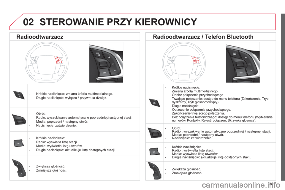 CITROEN C4 2015 Instrukcja obsługi (in Polish) 361
c4-2_pl_chap13c_rD5_ed01-2015
c4-2_pl_chap13c_rD5_ed01-2015
STEROWANIE PRZY KIEROWNICY
- krótkie naciśnięcie: Zmiana źródła multimedialnego.
o dbiór połączenia przychodzącego.
t
rw CITROEN C4 2015 Instrukcja obsługi (in Polish) 361
c4-2_pl_chap13c_rD5_ed01-2015
c4-2_pl_chap13c_rD5_ed01-2015
STEROWANIE PRZY KIEROWNICY
- krótkie naciśnięcie: Zmiana źródła multimedialnego.
o dbiór połączenia przychodzącego.
t
rw