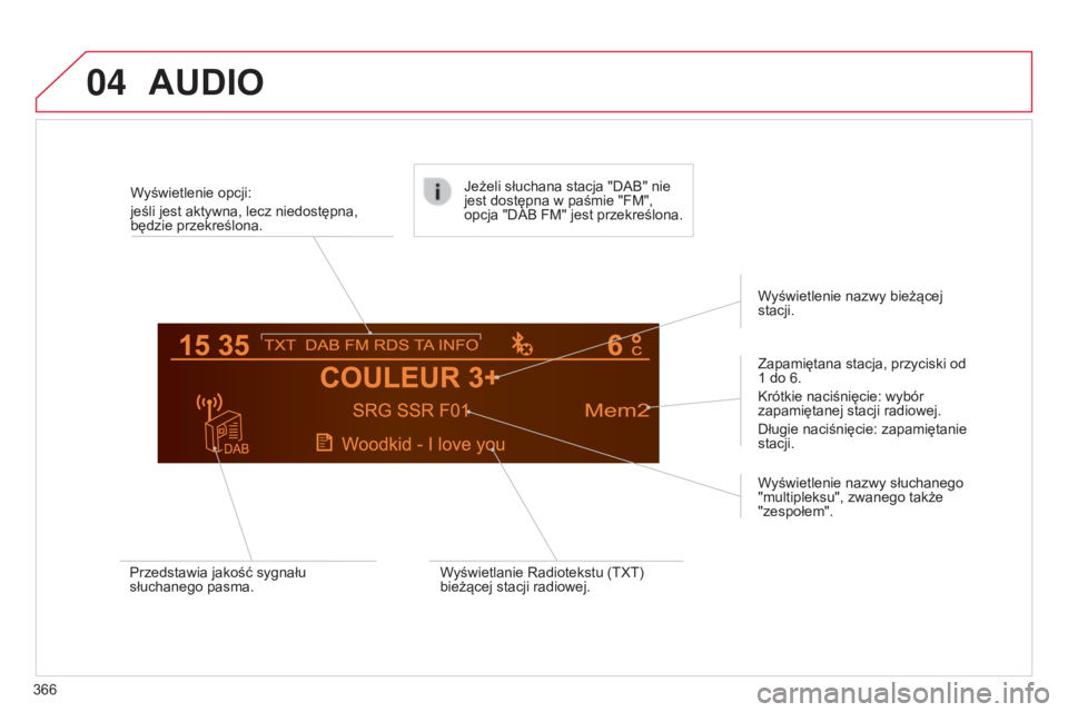 CITROEN C4 2015 Instrukcja obsługi (in Polish) 04
c4-2_pl_chap13c_rD5_ed01-2015
c4-2_pl_chap13c_rD5_ed01-2015
AUDIO
366Wyświetlenie opcji:
jeśli jest aktywna, lecz niedostępna,
będzie przekreślona.
Zapamiętana stacja, przyciski od
1 do 6 CITROEN C4 2015 Instrukcja obsługi (in Polish) 04
c4-2_pl_chap13c_rD5_ed01-2015
c4-2_pl_chap13c_rD5_ed01-2015
AUDIO
366Wyświetlenie opcji:
jeśli jest aktywna, lecz niedostępna,
będzie przekreślona.
Zapamiętana stacja, przyciski od
1 do 6