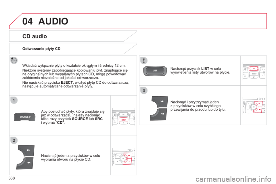 CITROEN C4 2015 Instrukcja obsługi (in Polish) 04
368
c4-2_pl_chap13c_rD5_ed01-2015
c4-2_pl_chap13c_rD5_ed01-2015
AUDIO
CD audio
Wkładać wyłącznie płyty o kształcie okrągłym i średnicy 12 cm.
n
iektóre systemy zapobiegające kopiowaniu p CITROEN C4 2015 Instrukcja obsługi (in Polish) 04
368
c4-2_pl_chap13c_rD5_ed01-2015
c4-2_pl_chap13c_rD5_ed01-2015
AUDIO
CD audio
Wkładać wyłącznie płyty o kształcie okrągłym i średnicy 12 cm.
n
iektóre systemy zapobiegające kopiowaniu p