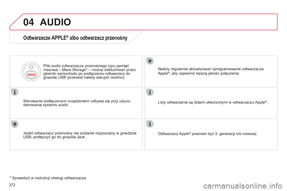 CITROEN C4 2015 Instrukcja obsługi (in Polish) 04
c4-2_pl_chap13c_rD5_ed01-2015
c4-2_pl_chap13c_rD5_ed01-2015
372
AUDIO
Odtwarzacze APPLE® albo odtwarzacz przenośny
sterowanie podłączonym urządzeniem odbywa się przy użyciu
sterowania syste CITROEN C4 2015 Instrukcja obsługi (in Polish) 04
c4-2_pl_chap13c_rD5_ed01-2015
c4-2_pl_chap13c_rD5_ed01-2015
372
AUDIO
Odtwarzacze APPLE® albo odtwarzacz przenośny
sterowanie podłączonym urządzeniem odbywa się przy użyciu
sterowania syste